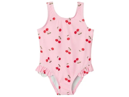 Lyserød badedragt med kirsebærprint og flæse ved benåbning fra Name It 13239622 pink frosting